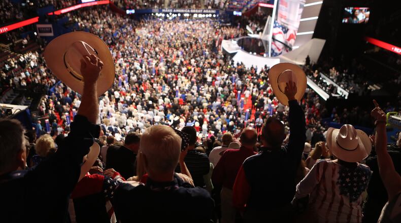 Hats off in salute as the Quicken Loans Arena filled for day three of the Republican National Convention on Wednesday night. (Sam Hodgson/The New York Times)