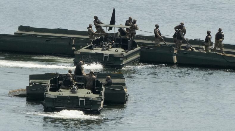 The U.S. Army's soldiers conduct a training exercise on a river in Yeoncheon, South Korea, near the border with North Korea, Tuesday, Aug. 18, 2026. (AP Photo/Ahn Young-joon)