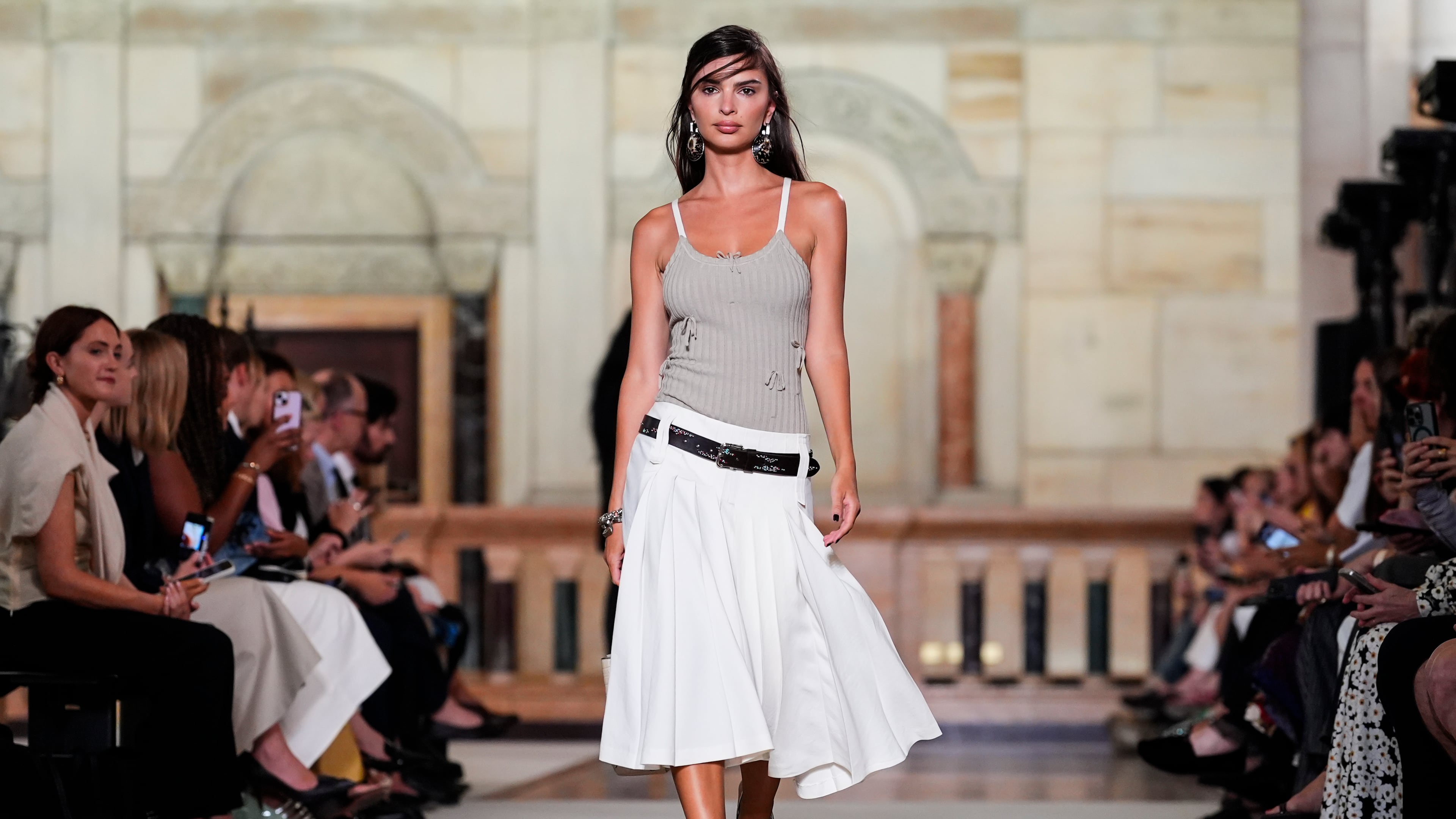 Emily Ratajkowski walks the runway during the Tory Burch spring/summer 2026 fashion show during New York Fashion Week, Monday, Sept. 15, 2025, in New York. (AP Photo/Yuki Iwamura)