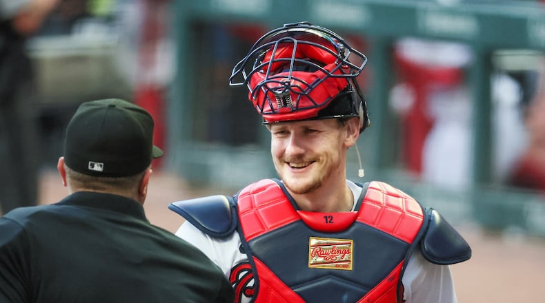 Sean Murphy greets the home plate umpire before their game against the Boston Red Sox at Truist Park, Tuesday, May 9, 2023, in Atlanta.