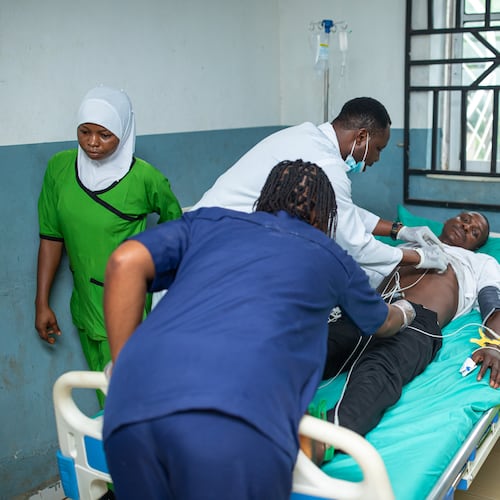 Doctors attend to a victim of a locally brewed alcoholic concoction commonly known as "Monkey Tail" at a hospital in Odigbo southern Nigeria, Thursday, Sept. 17, 2026. (AP Photo/Dapo Alley)