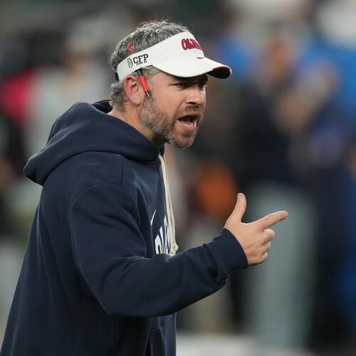 Mississippi head coach Pete Golding directs his players before the Fiesta Bowl NCAA college football playoff semifinal game against Miami, Thursday, Jan. 8, 2026, in Glendale, Ariz. (AP Photo/Ross D. Franklin)