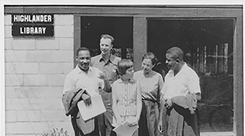 From left: Martin Luther King, Pete Seeger, Charis Horton, Rosa Parks and Ralph Abernathy at Highlander Institute in 1957. Credit: Highlander Education and Research Center
