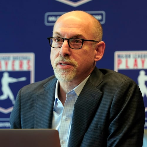 FILE - Attorney Bruce Meyer, the current interim executive director of the Major League Baseball Players Association, speaks at a news conference in New York, March 11, 2022. (AP Photo/Richard Drew, File)