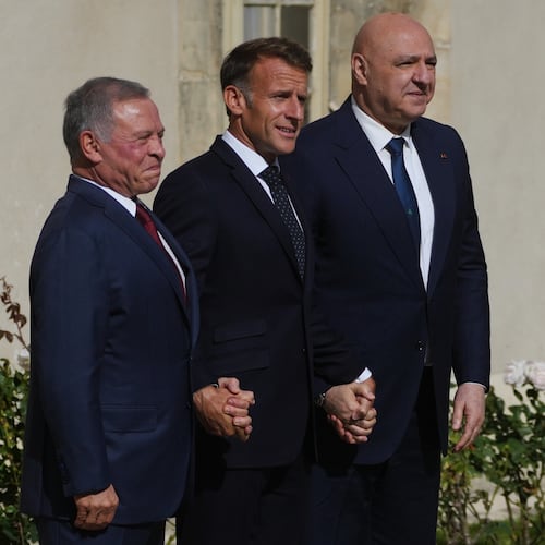 French President Emmanuel Macron, center, Jordan's King Abdullah II, left, and Lebanese President Joseph Aoun pose before a meeting at the Hotel des Invalides in Paris, Thursday Sept. 17, 2026. (AP Photo/Thibault Camus)