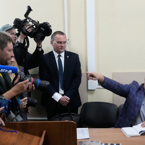 Russian politician Boris Nadezhdin, right, accused of displaying "extremist symbols," gestures speaking at the courtroom in the town of Dolgoprudny outside Moscow, Russia, Friday, July 17, 2026. (AP Photo/Pavel Bednyakov)