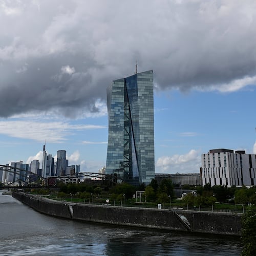 FILE - Clouds cover the sky over the headquarters of the European Central Bank in Frankfurt, Germany, Thursday, Sept. 11, 2025. (AP Photo/Michael Probst, File)