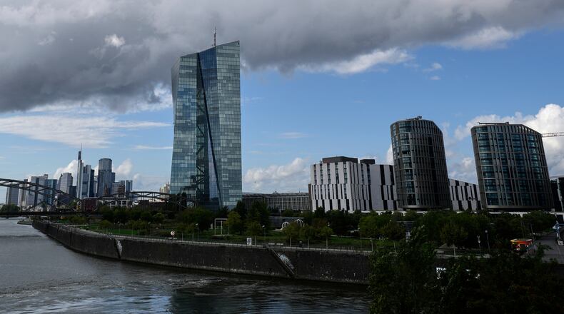 FILE - Clouds cover the sky over the headquarters of the European Central Bank in Frankfurt, Germany, Thursday, Sept. 11, 2025. (AP Photo/Michael Probst, File)