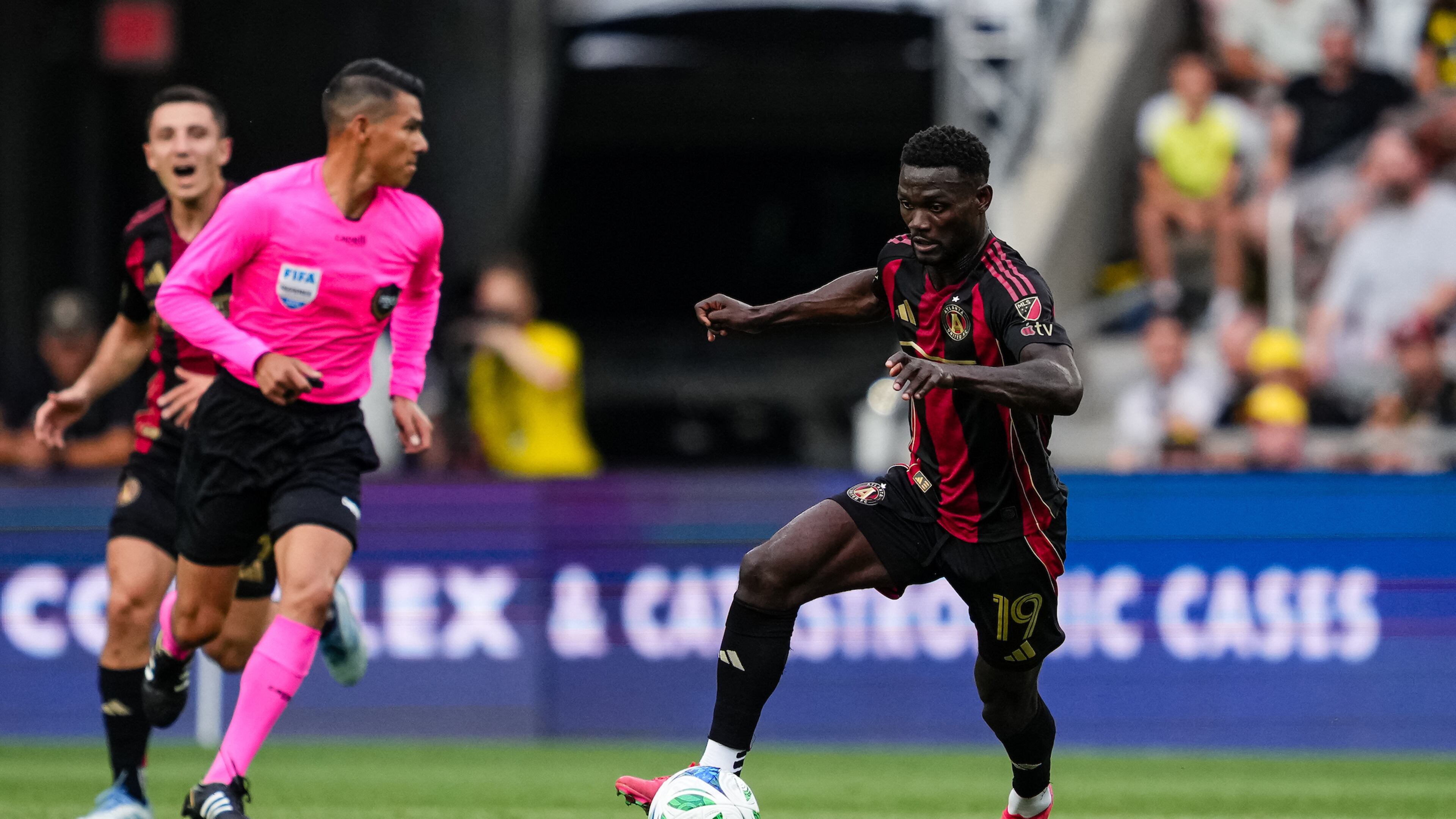 Atlanta United forward Emmanuel Latte Lath #19 dribbles the ball during the match against the Columbus Crew at Lower.com Field in Columbus, OH on Wednesday June 25, 2025. (Photo by Mitch Martin/Atlanta United)