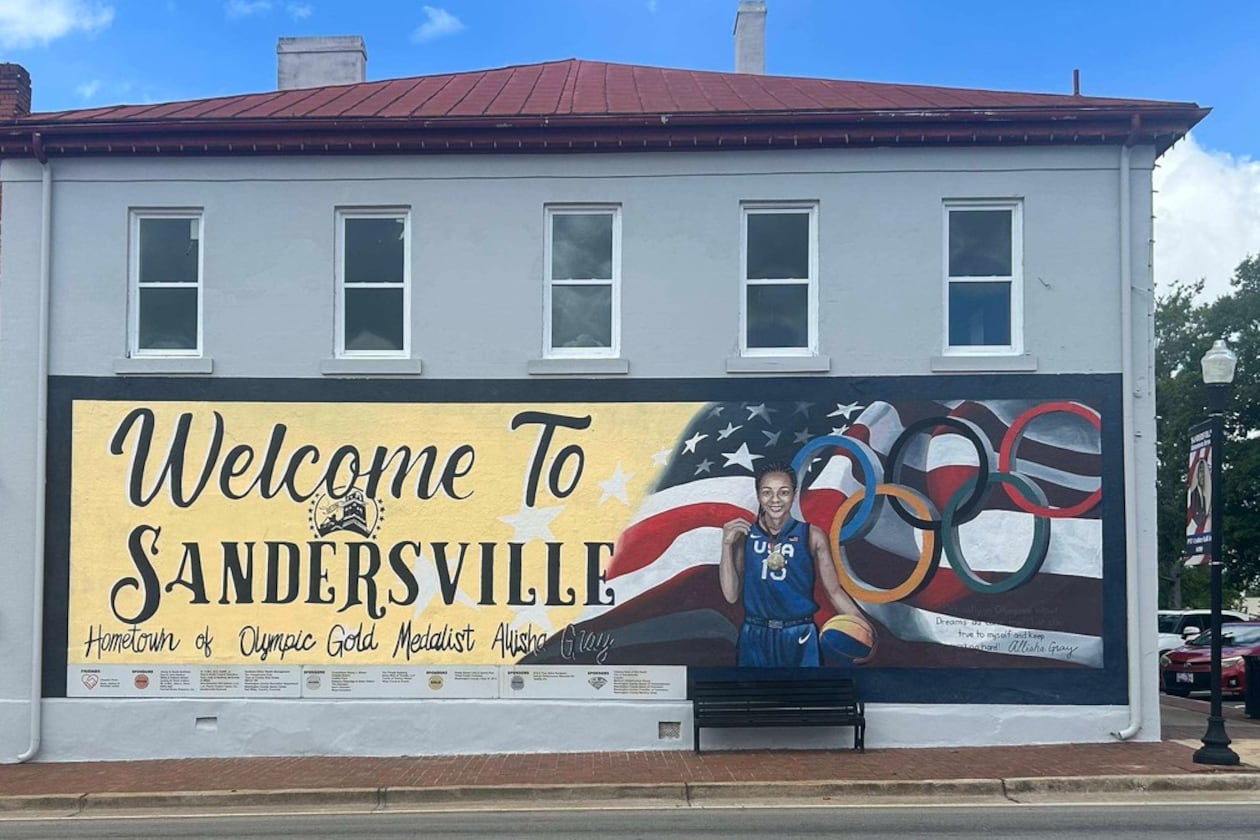 Allisha Gray is featured on a mural in Sandersville, Georgia, that celebrates her Olympic gold medal. (Lauren Williams/AJC)