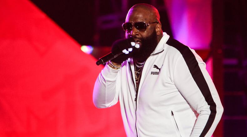 Rick Ross, performing at the 2017 MTV Woodies in the Austin American-Statesman lot on March 16, 2017 during South By Southwest Festival SXSW. He headlines the V-103 "Pop-Up Live" concert at Philips Arena Saturday. UpTINA PHAN/AMERICAN-STATESMAN.