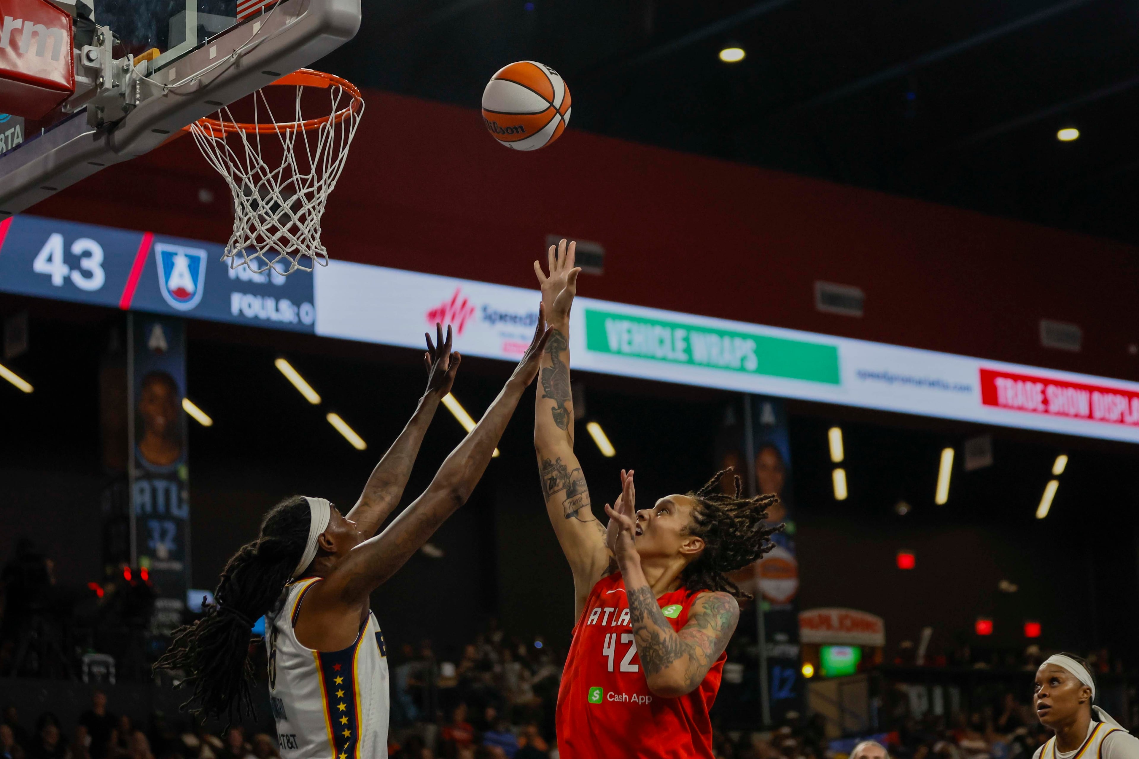 Atlanta Dream center Brittney Griner (42) goes up for a basket during the first half of a WNBA first-round playoff game against the Indiana Fever at Gateway Center Arena on Thursday, Sept. 18, 2024, in Atlanta. (Miguel Martinez/ AJC)