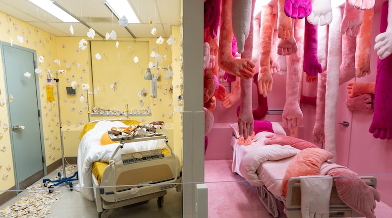 Installations by Melan Allen, left, and Nathalie Auzepy are displayed during the "Hospital of Emotions" exhibition inside a former hospital building in Los Angeles, Wednesday, July 22, 2026. (AP Photo/Jae C. Hong)