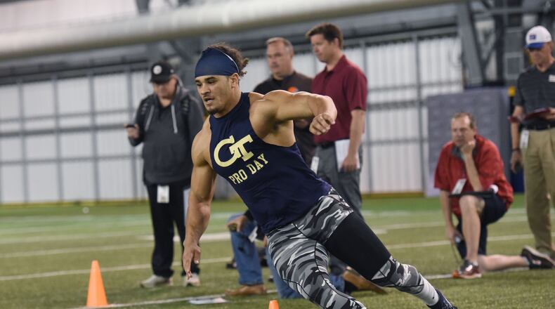 March 18, 2016 Atlanta - Georgia Tech running back Patrick Skov (7) performs a drill in front of NFL scouts during Pro Day at Georgia Tech football practice facility on Friday, March 18, 2016. HYOSUB SHIN / HSHIN@AJC.COM