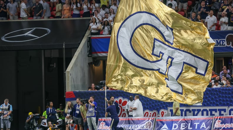 The Georgia Tech flag from the 2022 matchup against Clemson at Mercedes-Benz Stadium. (Arvin Temkar / arvin.temkar@ajc.com)