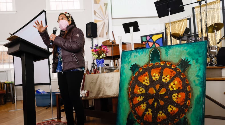 Belkis Terán, mother of Manuel “Tortuguita” Terán, the activist shot and killed at the future site of Atlanta's Public Safety Training Center, speaks in front of dozens of forest defenders as they celebrate a memorial day of healing at Park Avenue Baptist Church on Thursday, January 18, 2024.
Miguel Martinez /miguel.martinezjimenez@ajc.com