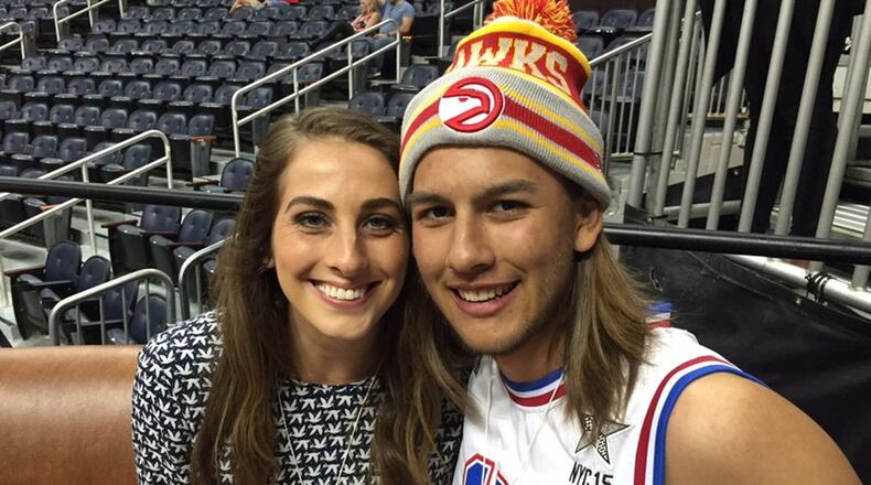 Here are Avery Armstrong, now 25, and Ben McCleskey, now 23, in the spring of 2016, during the Hawks’ “Swipe Right Night 2.0.” HELENA OLIVIERO / HOLIVIERO@AJC.COM