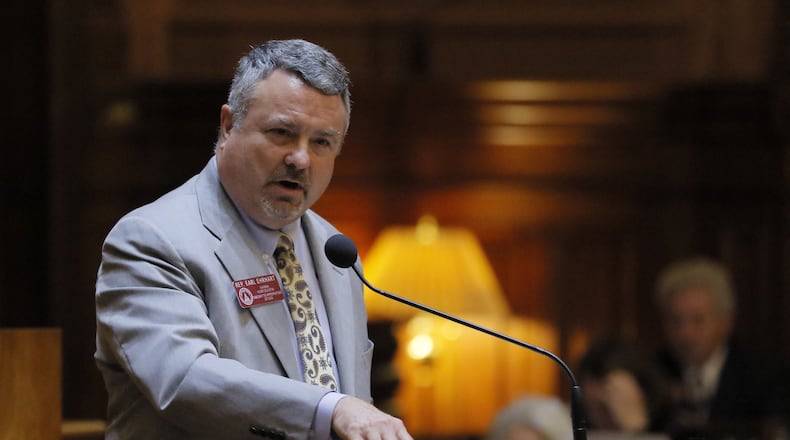 Mar. 28, 2017 - Atlanta - Rep. Earl Ehrhart, R - Powder Springs, presents SB 71. He managed to get his campus rape bill inserted into the bill, which passed the House. Today’s legislation included a measure to allow guns onto any campus in Georgia’s public college and university system, which passed the Georgia Senate, and the Houlse overwhelmingly approved a compromise that would expand the list of disorders eligible for treatment under the state’s nascent medical marijuana program. The 39th legislative day of the 2017 General Assembly. BOB ANDRES /BANDRES@AJC.COM