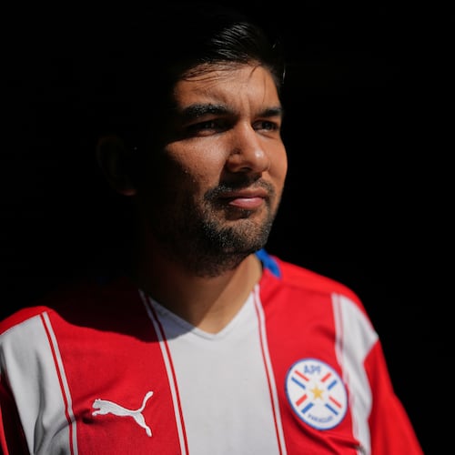 Rodrigo Valdez wears a team Paraguay soccer jersey as he poses for a picture Friday, June 5, 2026, in San Diego. (AP Photo/Gregory Bull)