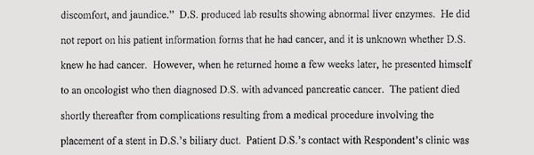 The Georgia medical board issued findings in 2009 that said a patient's pancreatic cancer wasn't diagnosed at Dr. Rhett Bergeron's clinic despite symptoms that included jaundice and abnormal liver enzymes and that the patient was never treated by Bergeron himself. (Georgia Composite Medical Board)
