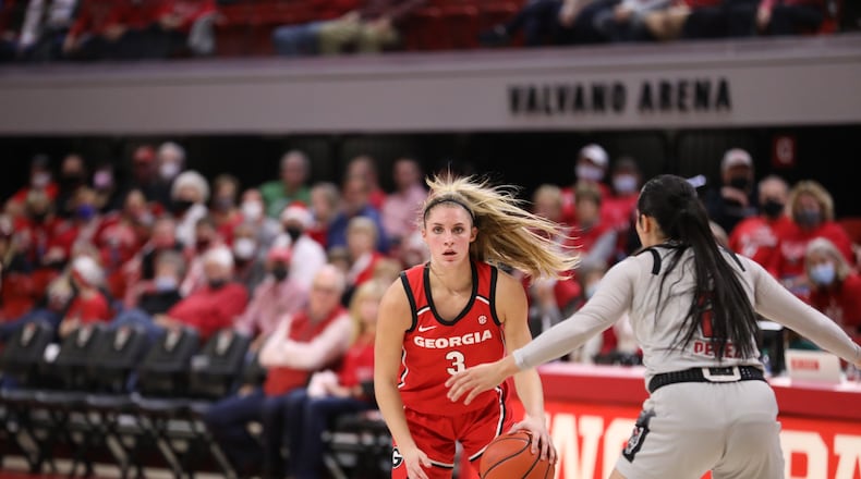 Georgia's Sarah Ashlee Barker plays against N.C. State in a game on Dec. 16, 2021. Barker hit a game-tying 3-pointer in a game Georgia won in overtime.