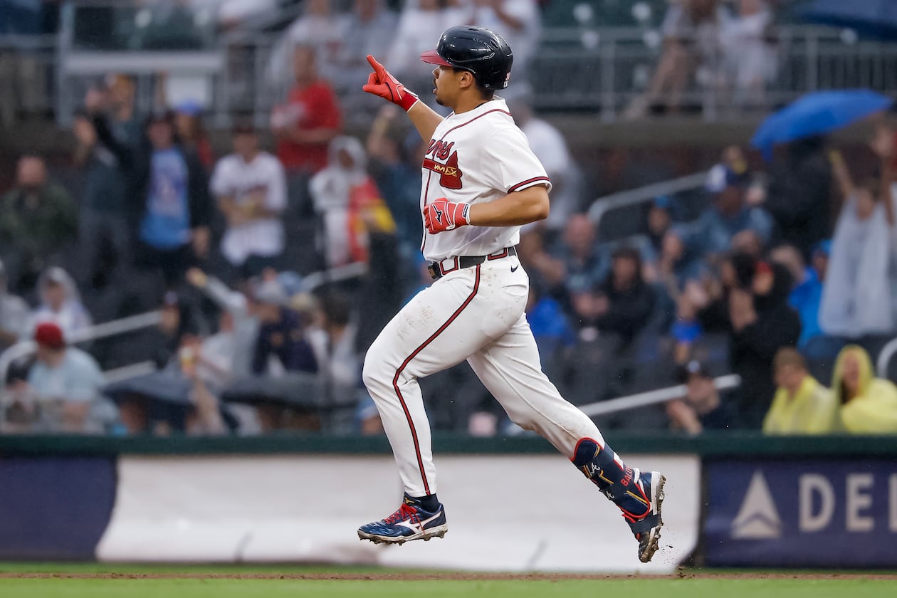 Atlanta Braves' Drake Baldwin reacts while running the bases after hitting a solo home run against the San Francisco Giants during the first inning of a baseball game, Tuesday, June 16, 2026, in Atlanta. (Erik S. Lesser/AP)