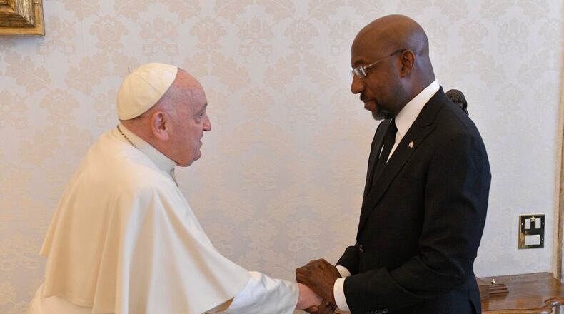U.S. Sen. Raphael Warnock, an Atlanta Democrat, meets Pope Francis at the Vatican on Saturday. Their discussion included the Israel-Hamas war and its impact on Gaza. Courtesy of the Office of U.S. Sen. Raphael Warnock