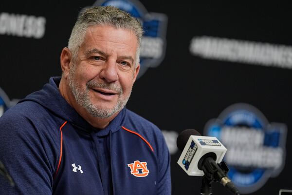 Auburn head coach Bruce Pearl speaks during a news conference, Thursday, March 27, 2025, in Atlanta, ahead of the Sweet 16 in the NCAA college basketball tournament. (AP Photo/George Walker IV)