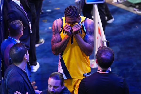 Indiana Pacers forward Obi Toppin (1) leaves the court after losing the NBA basketball championship in Game 7 against the Oklahoma City Thunder Sunday, June 22, 2025, in Oklahoma City. (AP Photo/Kyle Phillips)