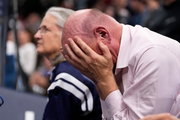 Los Angeles Clippers owner Steve Ballmer reacts after the Clippers scored during the second half in Game 4 of an NBA basketball first-round playoff series against the Denver Nuggets, Saturday, April 26, 2025, in Inglewood, Calif. (AP Photo/Mark J. Terrill)