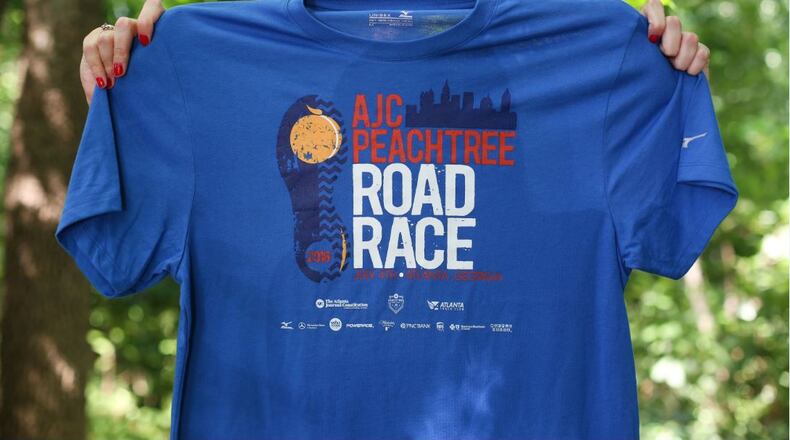 The 2016 AJC Peachtree Road Race T-shirt designed by Shay Harbaugh, a Junior Art Director from Cumming. Harbaugh named the design "Heart & Sole".