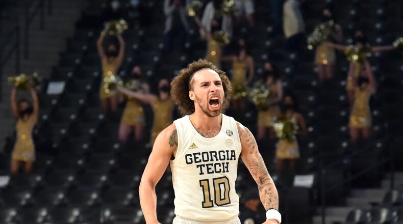 Georgia Tech's guard Jose Alvarado (10) reacts to the Yellow Jackets' 84-77 win over Syracuse Saturday, Feb. 27, 2021, at McCamish Pavilion in Atlanta. (Hyosub Shin / Hyosub.Shin@ajc.com)