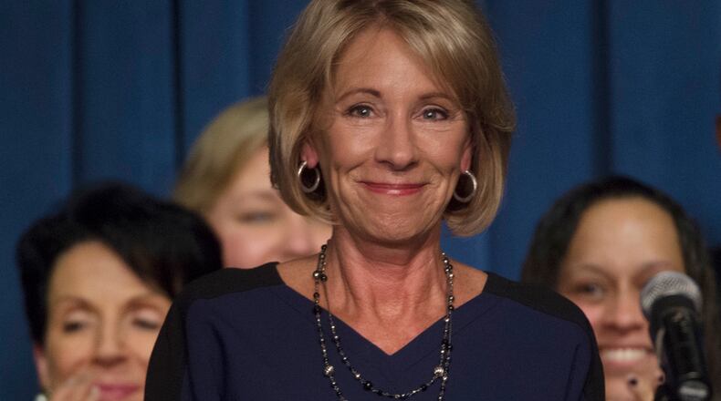 Education Secretary Betsy DeVos addresses Education Department staff, Wednesday, Feb. 8, 2017, at the Education Department in Washington. (AP Photo/Molly Riley)