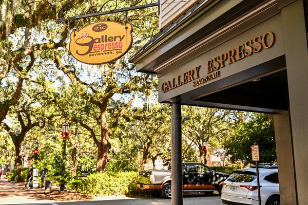 Gallery Espresso, a popular spot for tourists to ask baristas about the Forrest Gump bench, sits on the south end of Chippewa Square in the heart of downtown Savannah, Ga. (Sarah Peacock for the AJC)