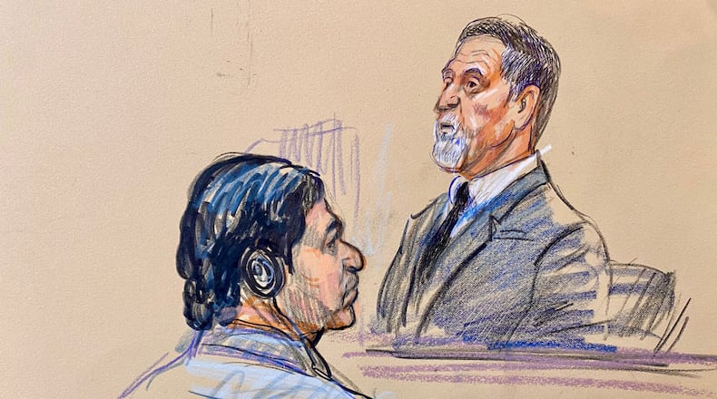 This courtroom sketch depicts government witness Bruce Hoffman testifying as defendant Mohammad Sharifullah, seated left, listens during the opening day of the trial for Sharifullah in federal court in Alexandria, Va., Monday, April 20, 2026. (Dana Verkouteren via AP)