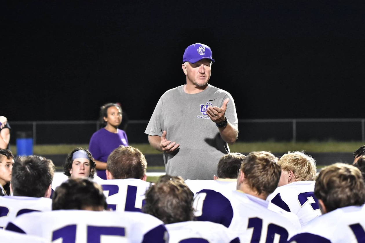 Former Union County coach Brian Allison talks with his team after a spring game at Chestatee.