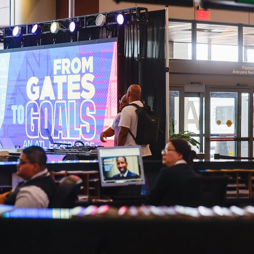 A screen marks the "From Gates to Goals" exhibit celebrating the upcoming FIFA World Cup at Hartsfield-Jackson Atlanta International Airport's international terminal in Atlanta on May 27, 2026. (Arvin Temkar/AJC)