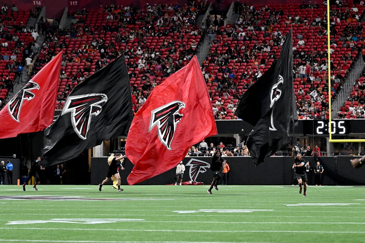 Falcons fans cheer after a touchdown by running back Tyler Goodson during the second half of an NFL preseason game at Mercedes-Benz Stadium on Friday, Aug. 14, 2026, in Atlanta. (Hyosub Shin/AJC)