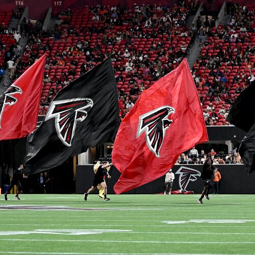 Falcons fans cheer after a touchdown by running back Tyler Goodson during the second half of an NFL preseason game at Mercedes-Benz Stadium on Friday, Aug. 14, 2026, in Atlanta. (Hyosub Shin/AJC)