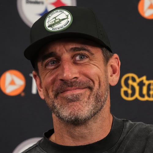 Pittsburgh Steelers quarterback Aaron Rodgers meets with reporters at the NFL football team's camp in Latrobe, Pa., Tuesday, July 28, 2026. (AP Photo/Gene J. Puskar)
