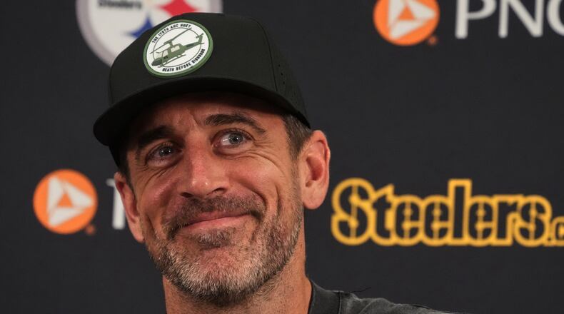 Pittsburgh Steelers quarterback Aaron Rodgers meets with reporters at the NFL football team's camp in Latrobe, Pa., Tuesday, July 28, 2026. (AP Photo/Gene J. Puskar)