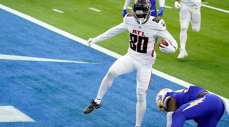 Atlanta Falcons wide receiver Laquon Treadwell (80) scores a touchdown against the Los Angeles Chargers during the first half Sunday, Dec. 13, 2020, in Inglewood, Calif. (Jae C. Hong/AP)