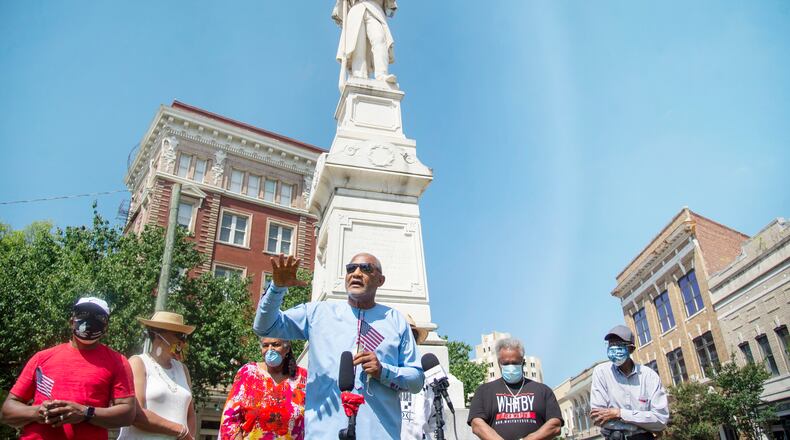 Former mayor Jack Ellis speaks to the media out front of the Confederate statue June 12, 2020, at the corner of Second St. and Cotton Ave. in Macon, to ask the city to move the state to Rose Hill Cemetery. (Jason Vorhees / The Telegraph)