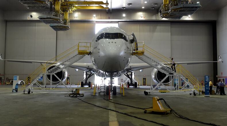 The Airbus A350 XWB test plane in a Delta hangar. The model will fly long-range routes when it joins Delta's fleet in 2017.