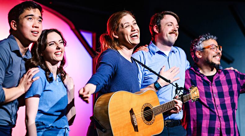 Phong Le (from left(, Gabriella Gordon, Meg Ansteensen, Nate Brosy and Maged Roushdi give “To Peach Their Own” at Dad's Garage the feeling of 1960s prime-time comedy.