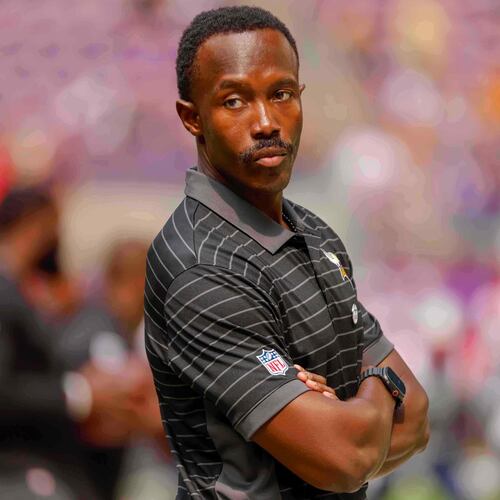 FILE - Minnesota Vikings general manager Kwesi Adofo-Mensah watches his team prepare before the start of a preseason NFL football game against the New England Patriots Saturday, Aug. 16, 2025, in Minneapolis. (AP Photo/Bruce Kluckhohn, File)