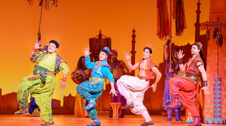 Colt Prattes (far right) with (from far left) Jake Letts, Ben Chavez and Adi Roy in the stage version of Disney’s “Aladdin,” at the Fox Theatre Jan. 9-14. Photo by Deen van Meeren/Disney