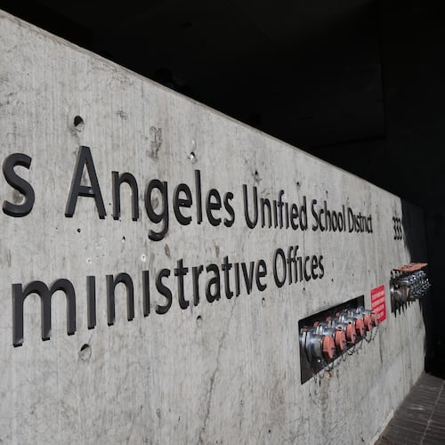 The exterior of LAUSD headquarters is shown Wednesday, Feb. 25, 2026, in Los Angeles. (AP Photo/Damian Dovarganes)