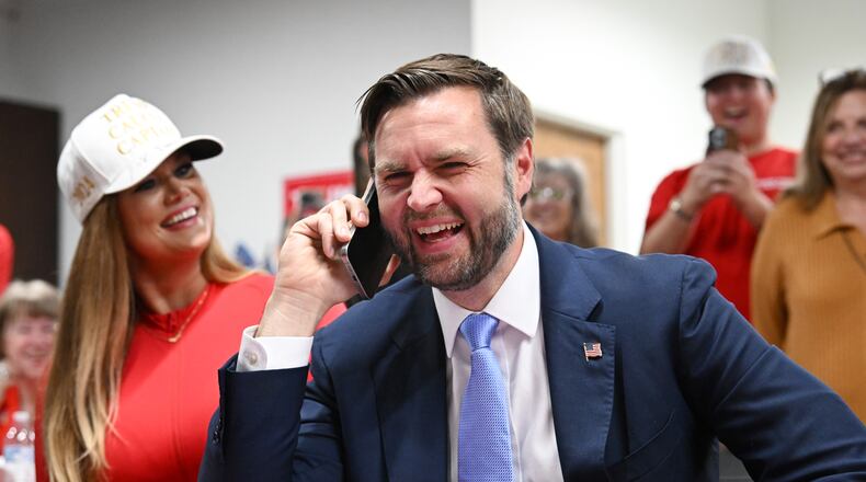 Republican vice presidential nominee JD Vance reacts as he participates in a phone bank at Trump Force 47 - Gwinnett Field Office, Friday, October 11, 2024, in Lawrenceville. (Hyosub Shin / AJC)