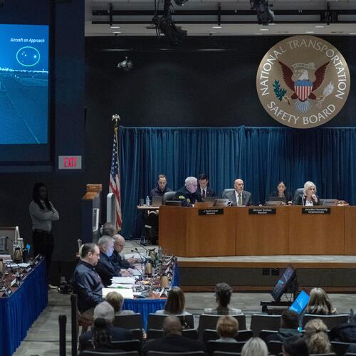 National Transportation Safety Board (NTSB) Chairwoman Jennifer Homendy presides over the NTSB fact-finding hearing on the DCA midair collision accident, at the National Transportation and Safety Board boardroom in Washington, Tuesday, Jan. 27, 2026. (AP Photo/Jose Luis Magana)
